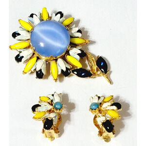 RARE Florenza Jewelry‎ Set Brooch Earrings, Blue Moonstone Yellow Flowers js-